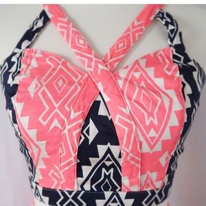 2 piece crop top and short, pink and navy blue